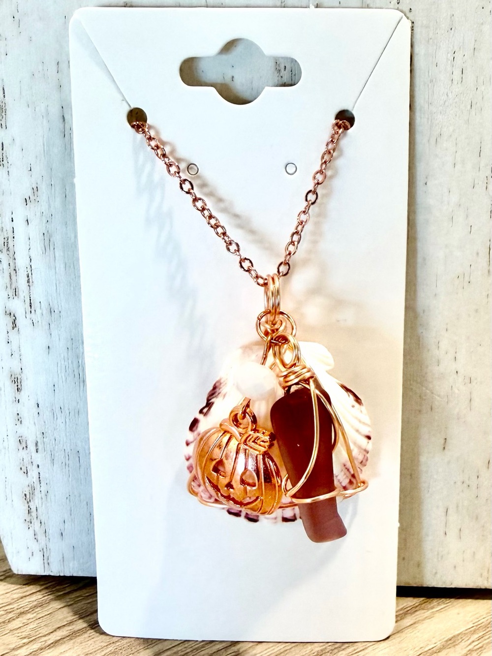 51. Rose Gold Pumpkin & Shell Charm Necklace with burgundy sea glass